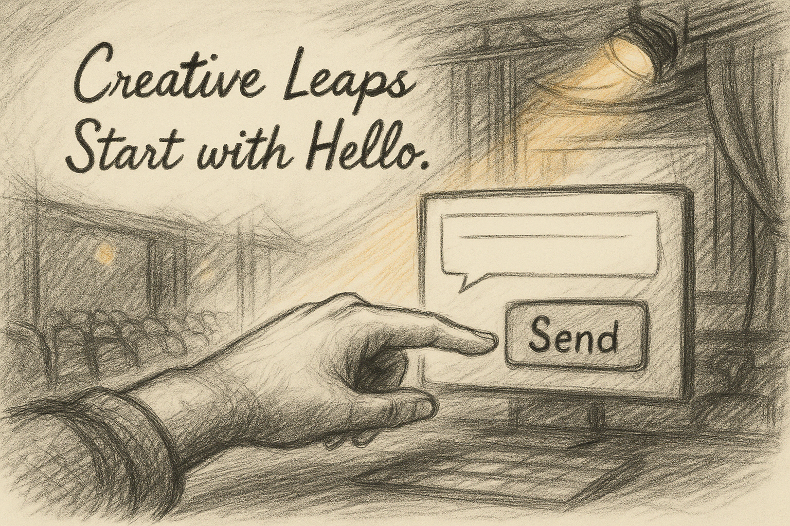 Illustrated hand clicking send on a message with a stage in the background