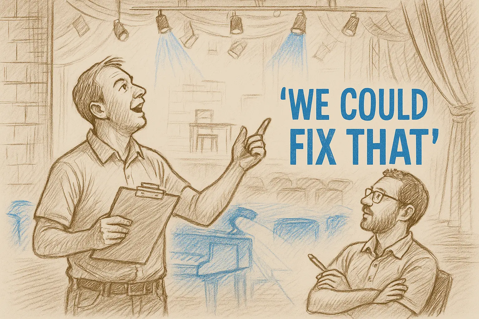 Hand-drawn sketch of two theater professionals discussing solutions on a stage, with one holding a clipboard and the phrase "We Could Fix That" in bold text.