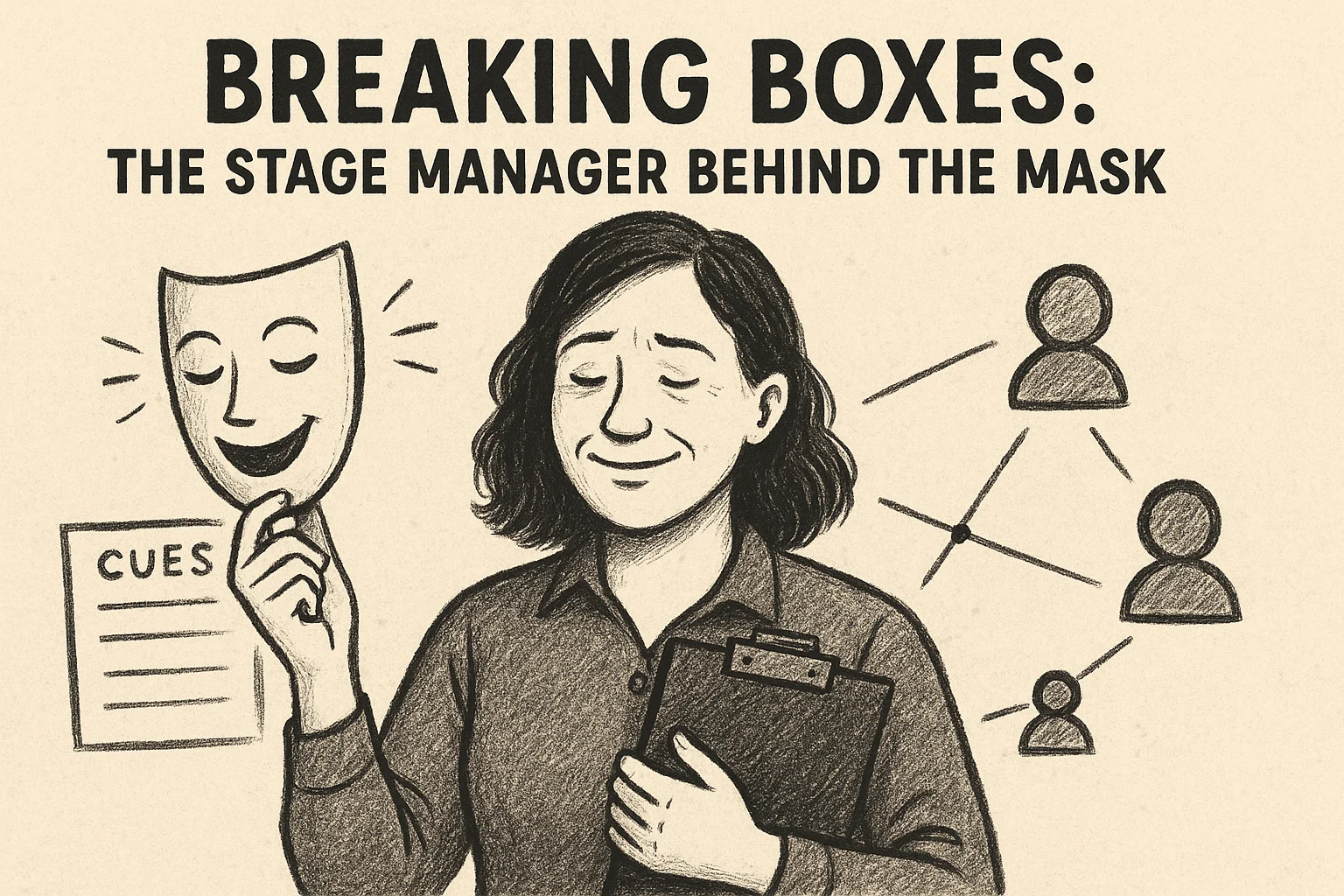 Sketch of a stage manager removing a theatrical mask, symbolizing authenticity in leadership, with subtle backstage cues—illustrating authentic stage management leadership.